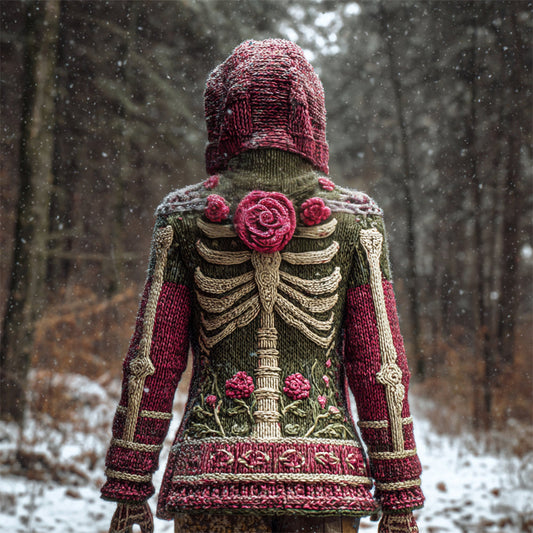 Vintage Floral & Skeleton Art Women's Knit Hooded Sweater artswardrobe