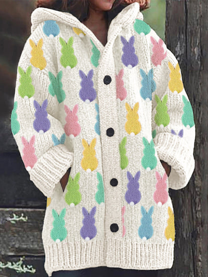 Easter Colorful Fuzzy Bunny Fleece Cozy Hooded Cardigan artswardrobe