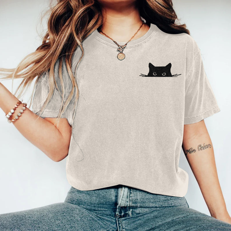 Abstract Creative Embroidered Black Cat Art Print  T-shirt elevenforest