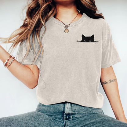 Comstylish Abstract Creative Embroidered Black Cat Art Print T-shirt
