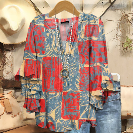 Women's Bohemian Ethnic Collage Art Pattern Print Casual Cotton Shirt