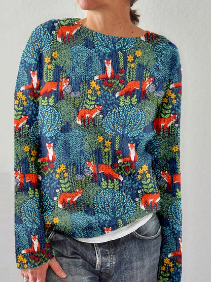 Fox in the Forest Graphic Crew Neck Cozy Sweater artswardrobe