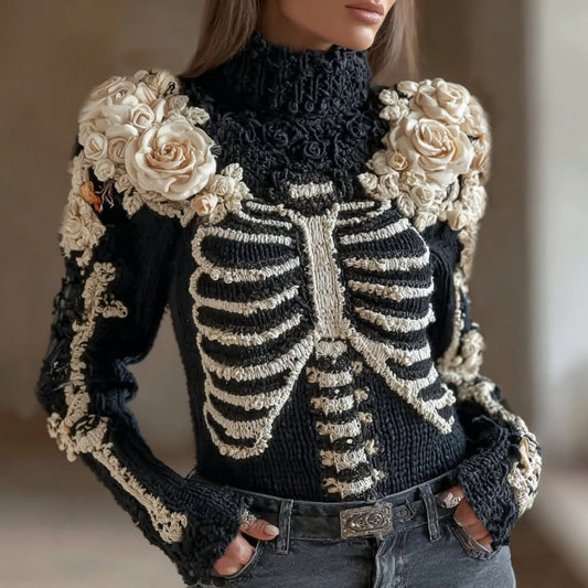 Women's Skeleton White Roses Art Cozy Knit Turtleneck Sweater artswardrobe
