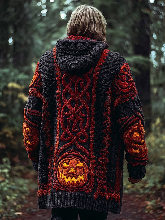 Men's Halloween Pumpkin Inspired Chunky Hooded Cardigan artswardrobe