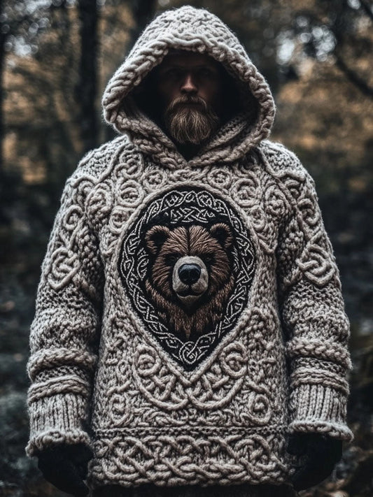 Men's Viking Bear Inspired Celtic Chunky Hooded Sweater artswardrobe