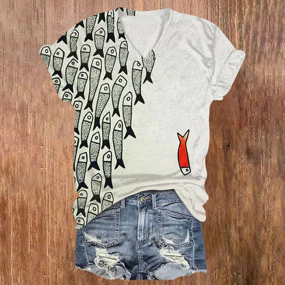 Comstylish Cute Simple Lines Abstract Geometric Fish Art Print V-neck T-shirt