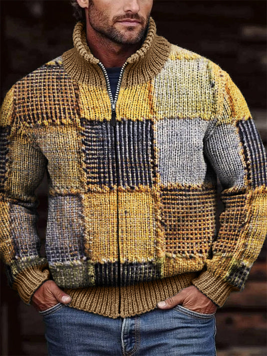 Men's Retro Colorblock Patchwork Stitched Cozy Zip Cardigan artswardrobe
