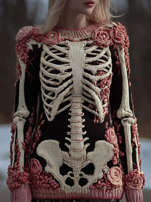 Vintage Skeleton Roses Crew Neck Comfy Knit Sweater artswardrobe