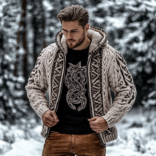 Men's Viking Tribal Jacquard Celtic Chunky Knit Zipper Cardigan artswardrobe