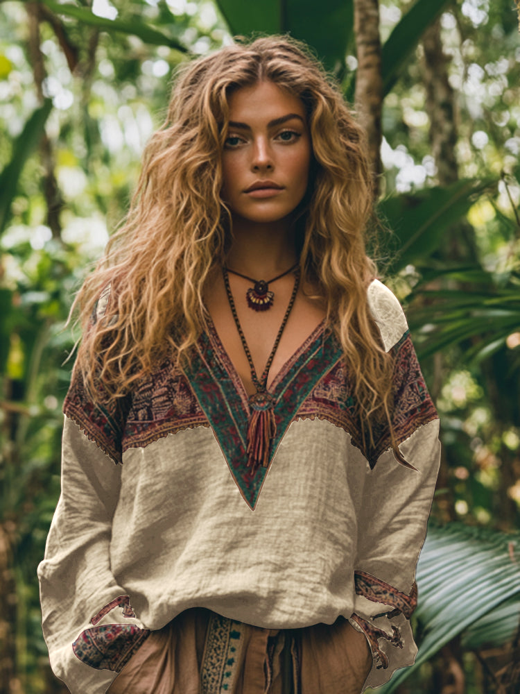 Comstylish Retro Boho Tribal Embroidery Print Cotton And Linen Blend Loose Blouse