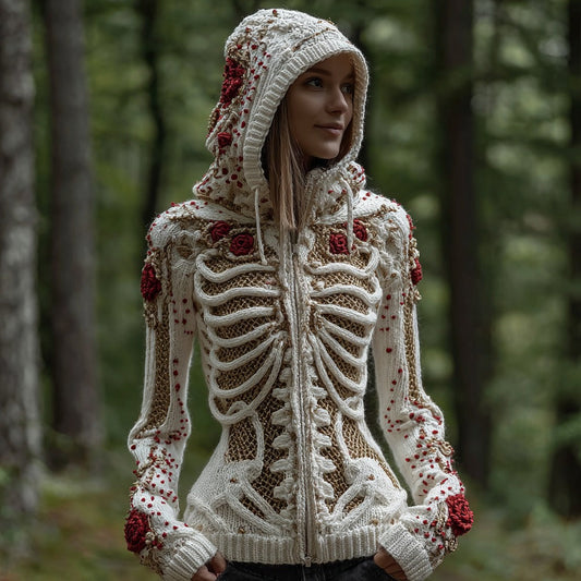 Women's Halloween Skull And Roses Mesh Zip-up Sweater artswardrobe