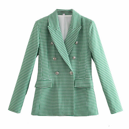 Check Set Double-Breasted Mid-Length Coat