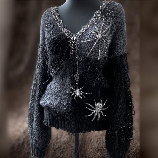 Vintage Gothic Crystal Spiders & Spiderweb Embroidered Cozy Sweater artswardrobe