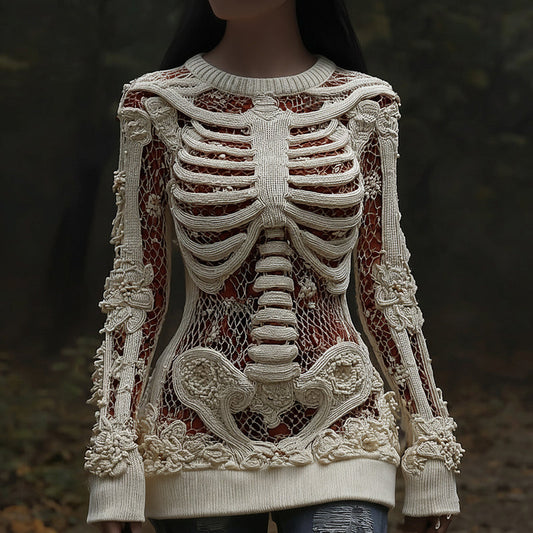 Women's Halloween Skull Sequin Art Knitted Warm Crew Neck Sweater artswardrobe