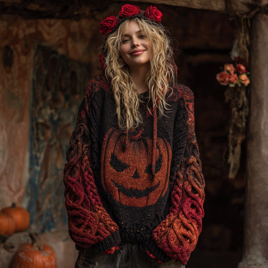 Women's Halloween Spooky Face Celtic Gradient Art Cozy Knitted Hooded Sweater artswardrobe