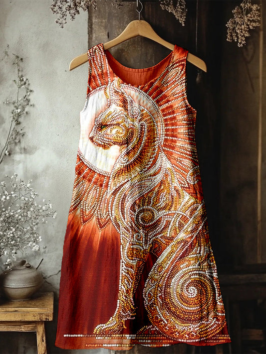 Egyptian Cat Goddess Bast Bead Embroidered Linen Midi Dress elevenforest