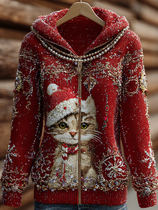 Christmas Cat Sticker Diamond Hooded Cardigan Sweater artswardrobe