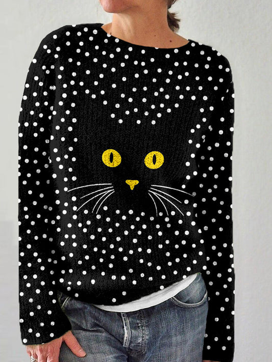 Vintage Black Cat Face Pattern Polka Dots Cozy Sweater artswardrobe