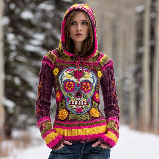 Women's Vintage Sugar Skull And Floral Knit Jacquard Warm Hooded Sweater artswardrobe