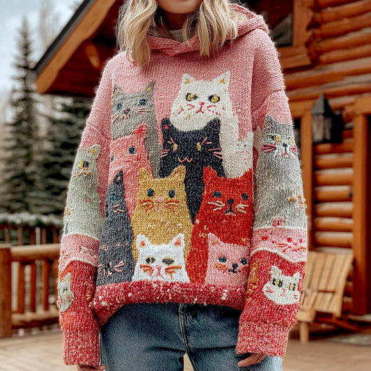 Women's Colorful Cats Pattern Cozy Knit Hooded Sweater artswardrobe