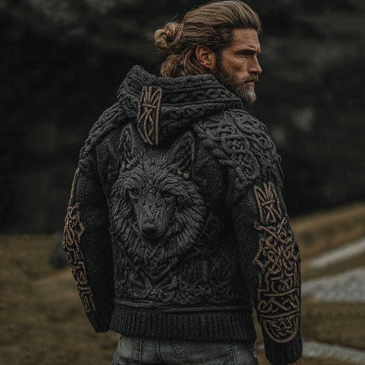 Men's Vintage Viking Wolf Jacquard Knitted Cozy Zipper Up Hooded Cardigan artswardrobe