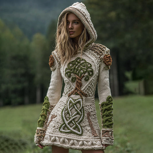 Women's Viking Celtic Tree Of Life With Rose Art Cozy Knit Mini Hooded Sweater Dress artswardrobe