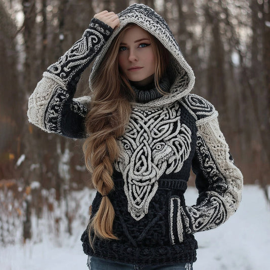 Women's Viking Celtic Wolf Knot Jacquard Hooded Sweater artswardrobe