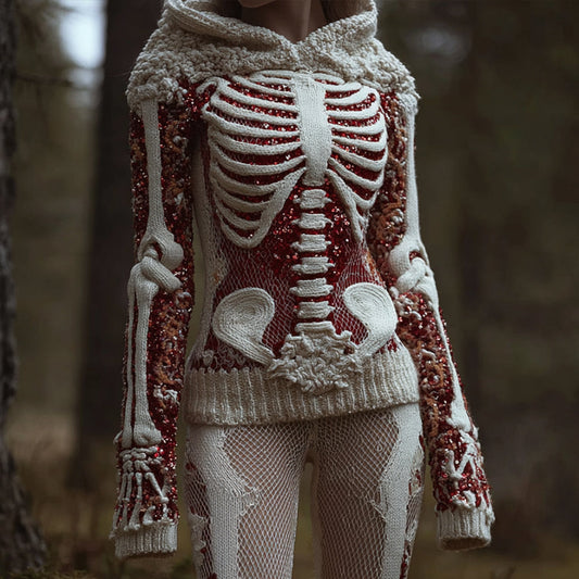 Halloween Skeleton Knitted Glitter Hooded Sweater artswardrobe