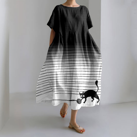 Comstylish Gradient Lines Abstract Cat Art Graphic Linen Blend Maxi Dress