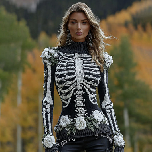 Women's Vintage Halloween Skeleton Bones With Roses Art Knitted Warm Turtleneck Sweater artswardrobe