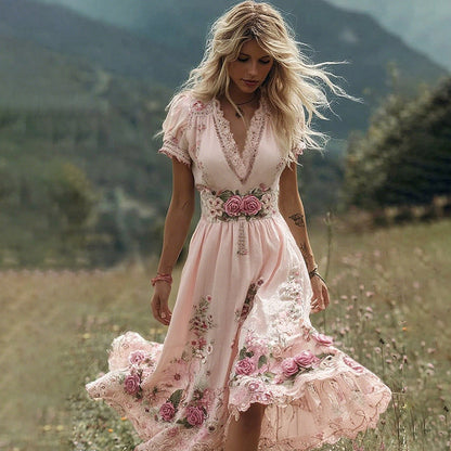 Women's Vintage Rose Embroidery Art Comfy Linen Maxi Dress artswardrobe
