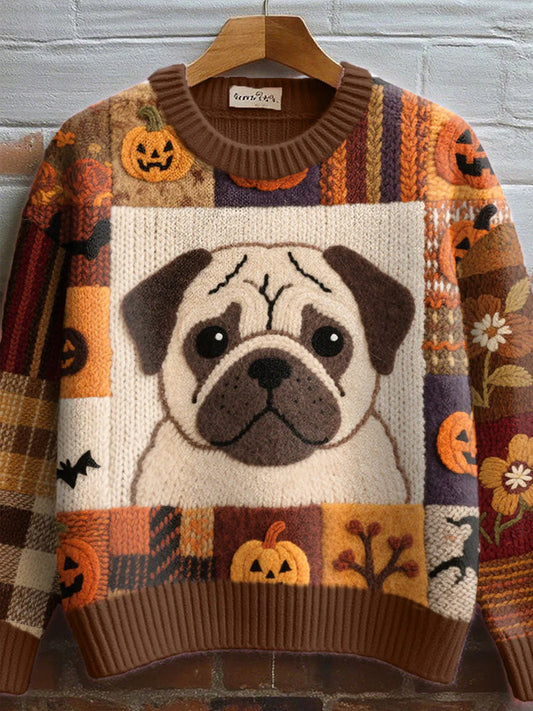 Women's Cute Pug Pattern Cozy Knit Sweater artswardrobe