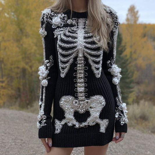 Women's Vintage Halloween Skeleton Bones Rose Beading Art Cozy Knit Mini Sweater Dress artswardrobe