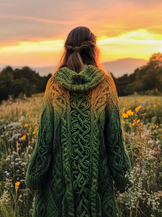 Vintage Celtic Knot Gradient Embroidery Women's Hooded Cardigan artswardrobe