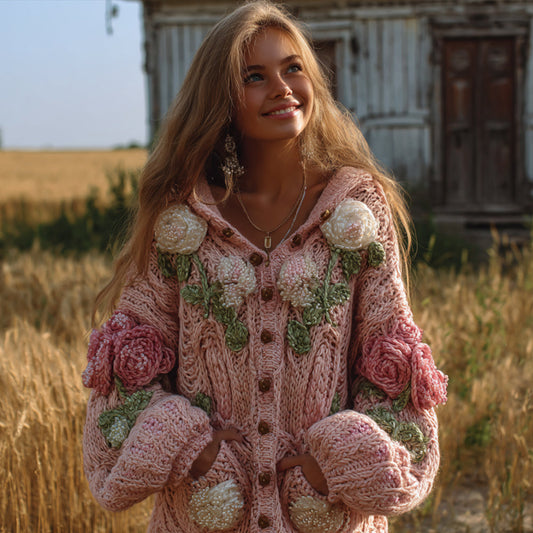 Women's Vintage Three-dimensional Flower Hooded Long Sweater artswardrobe
