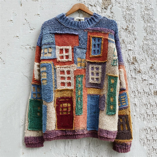 Vintage Street Building Inspired Colorblock Cozy Knit Sweater artswardrobe