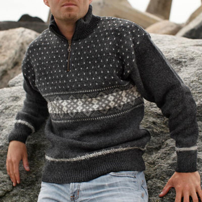 Vintage Warmth Classic Knit Jacquard Icelandic Half Zip Collar Sweater（Unisex ） elevenforest