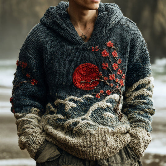 Vintage Japanese Floral Art Men's Knit Hooded Sweater artswardrobe