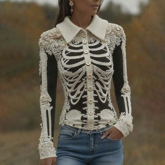 Women's Halloween Skeleton Bones With Roses Art Knitted Warm Button Sweater artswardrobe