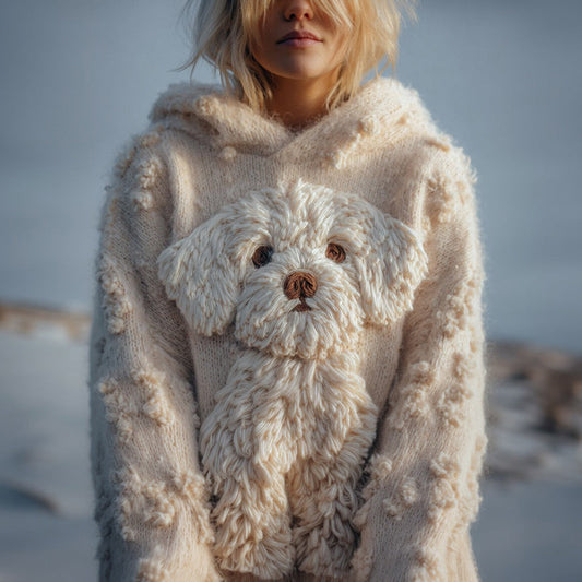 Cute Fuzzy Dog Embroidered Cozy Hooded Sweater artswardrobe
