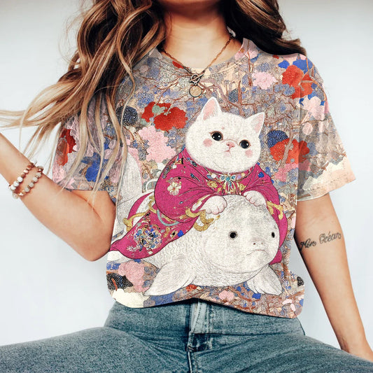 Cat In Kimono Riding A Carp T-shirt elevenforest
