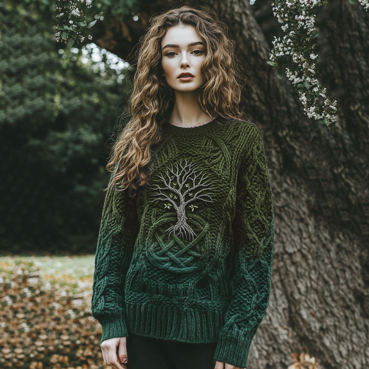 Women's Celtic Tree Of Life Jacquard Ombre Crew Neck Sweater artswardrobe