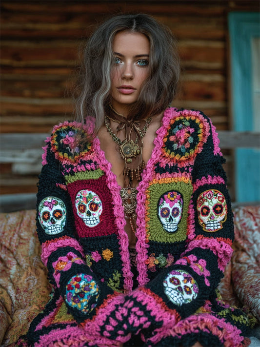 Boho Day Of The Dead Sugar Skulls Floral Crochet Cozy Cardigan artswardrobe