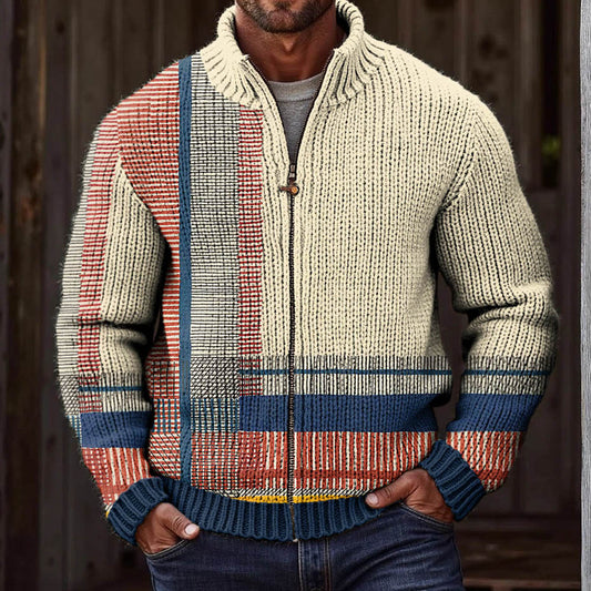 Men‘s Retro Ethnic Stripes Art Zipper Cozy Sweater artswardrobe