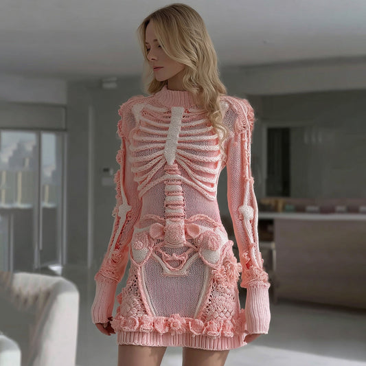 Women's Halloween Skeleton Bones Leather  With Rose Pattern Art Hot Sexy Style Cozy Knit Mini Sweater Dress artswardrobe