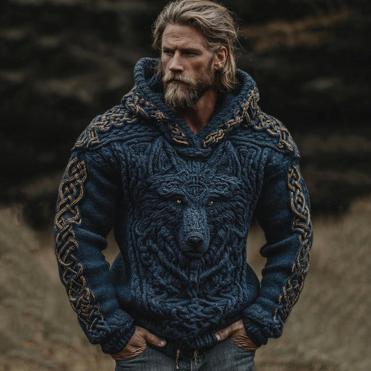 Men's Viking Wolf Celtic Knot Jacquard Knitted Hooded Sweater artswardrobe
