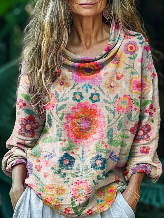 Women's Bohemian Floral Art Print Pile Collar Long Sleeve Cotton Shirt