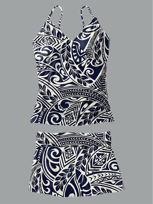V-Neck Vintage Floral Art Print Suspender Skirt Tankini Pantskirt Set Swimsuit