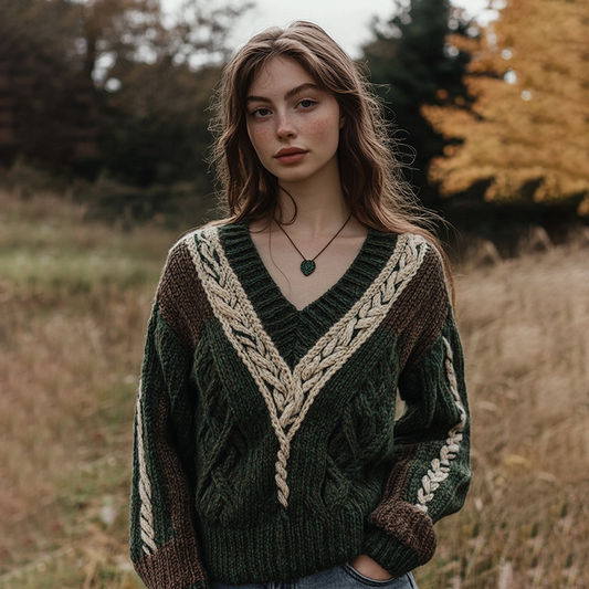 Vintage Irish Celtic Chunky Knit Cozy Warm V Neck Sweater artswardrobe