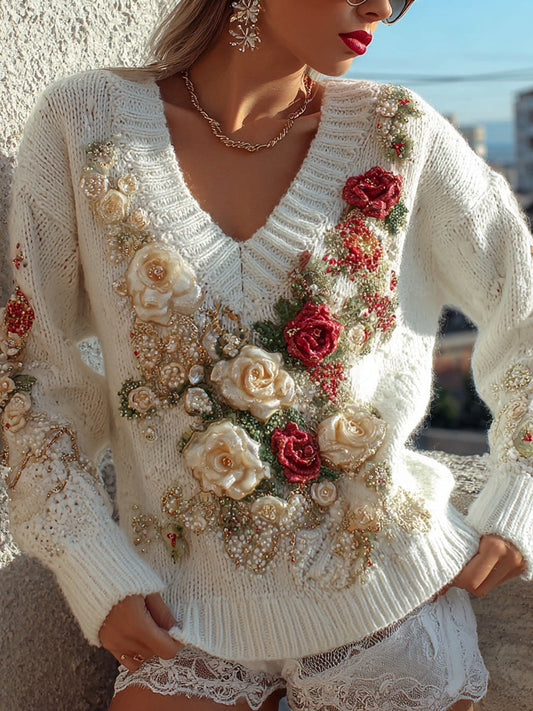 Cute Christmas Inspired Roses Embroidered Cozy Sweater artswardrobe